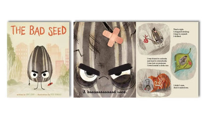 The Food Group絵本の内側ページ – The Bad SeedやThe Good Eggなど食べ物キャラクターが優しさ・自信・感情を教えるユーモア溢れる英語絵本