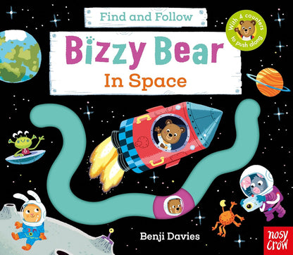 Bizzy Bear Find and Follow In Space by Nosy Crow – 1〜3歳向け宇宙テーマの英語しかけボードブック、スライドカウンターつき