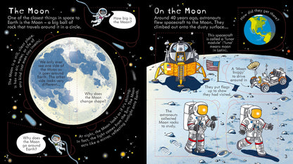 Look Inside Spaceの内側ページ – 銀河・月・宇宙ステーションをカラフルなイラストとフラップで探索できる英語宇宙知識絵本