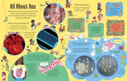 See Inside the Microscopic Worldの内側ページ – 微生物・細胞・ミニビーストを英語で学ぶフラップ絵本