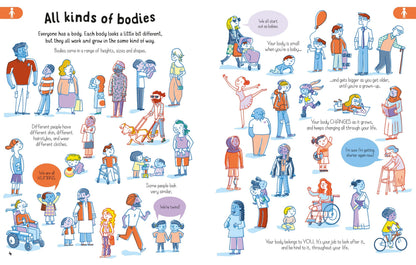 All You Need to Know about Your Body by Age 7の内側ページ – コミカルな虫たちのガイドとカラーイラストで体と心の仕組みを楽しく学べる知識本